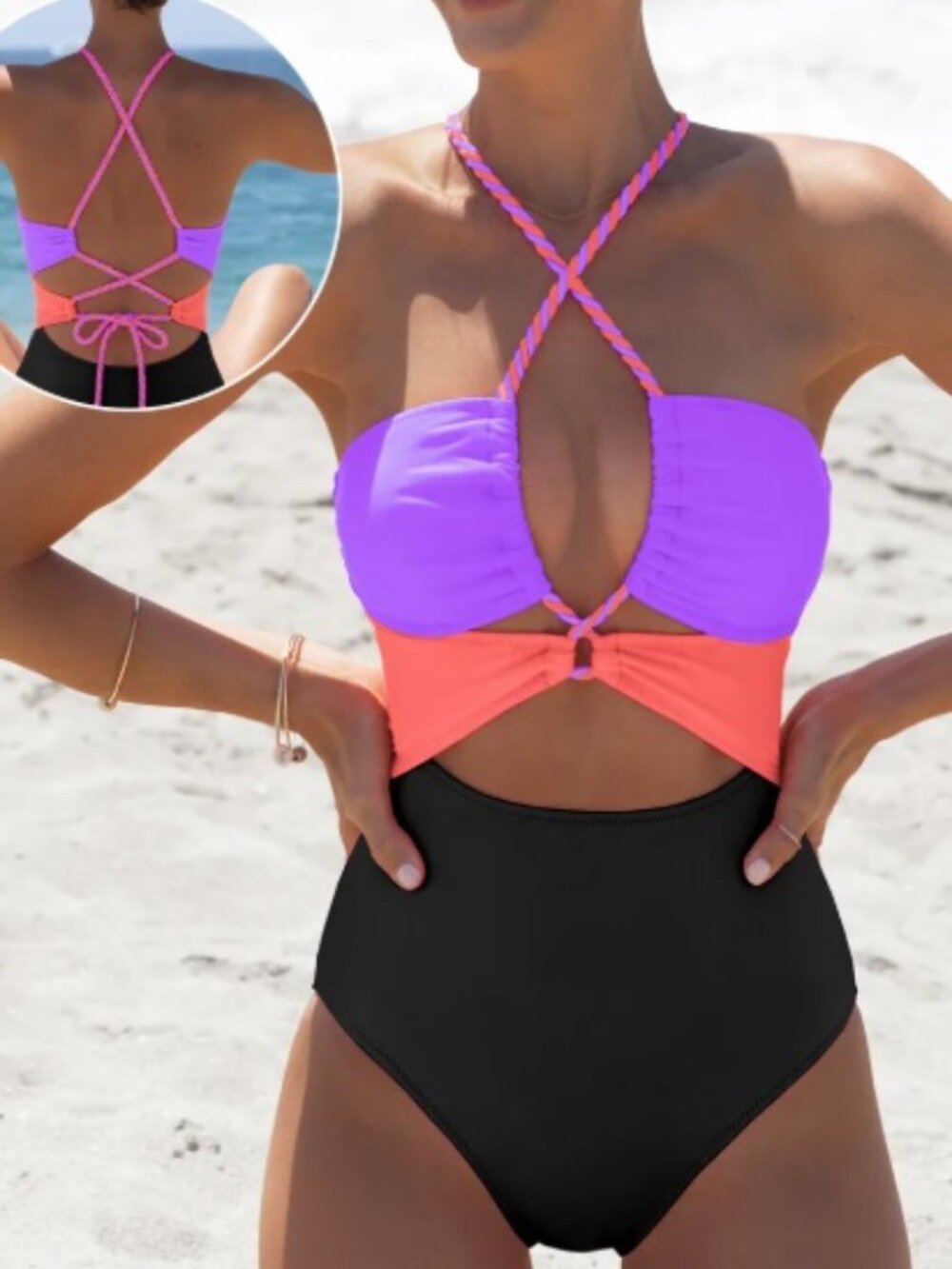 Colorblock Cutout Lace-Up Back One Piece Swimsuit(with Sewn-In Cups)